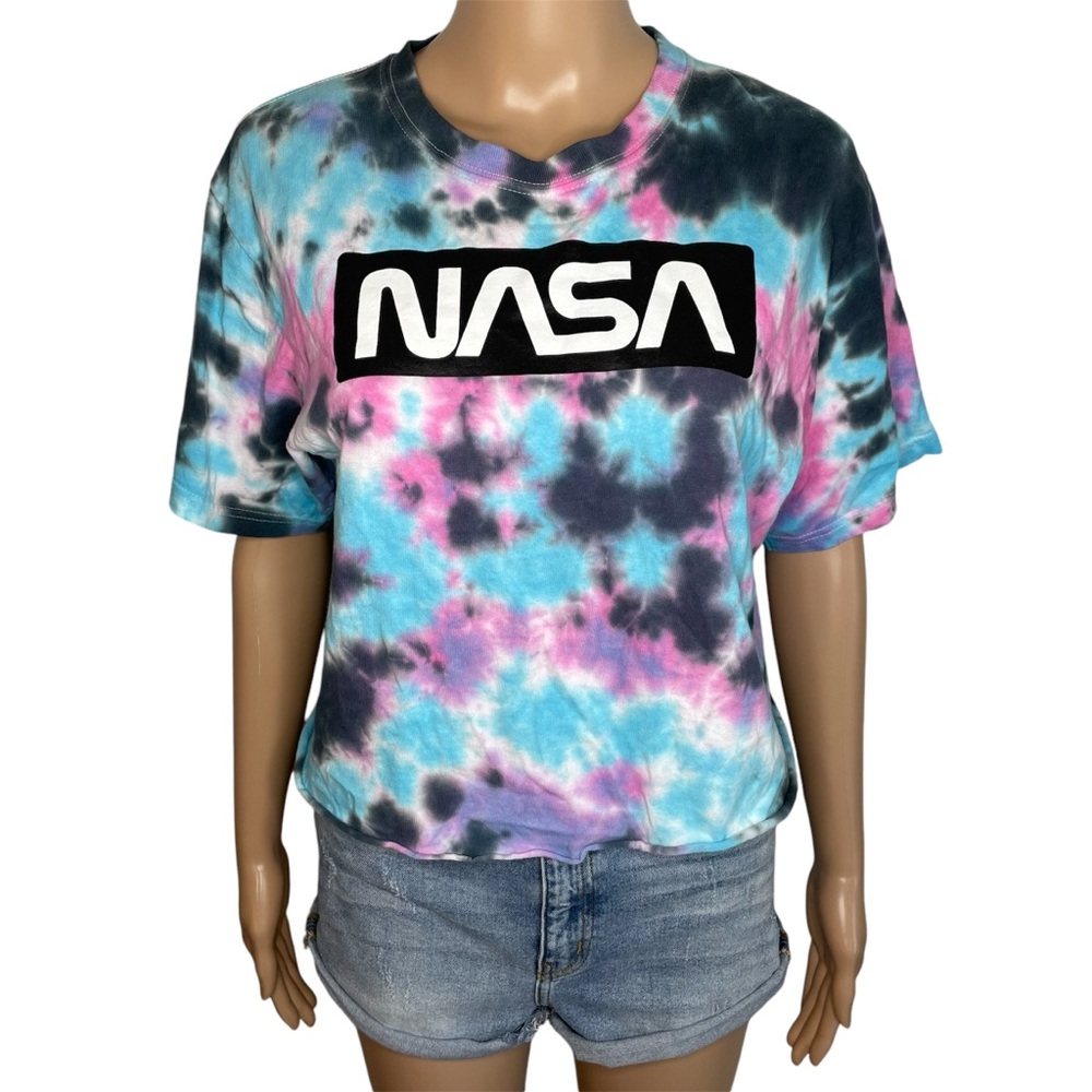 Hyper Space Blue & Purple Tie Dye NASA Graphic Short Sleeve Crop T-Shirt